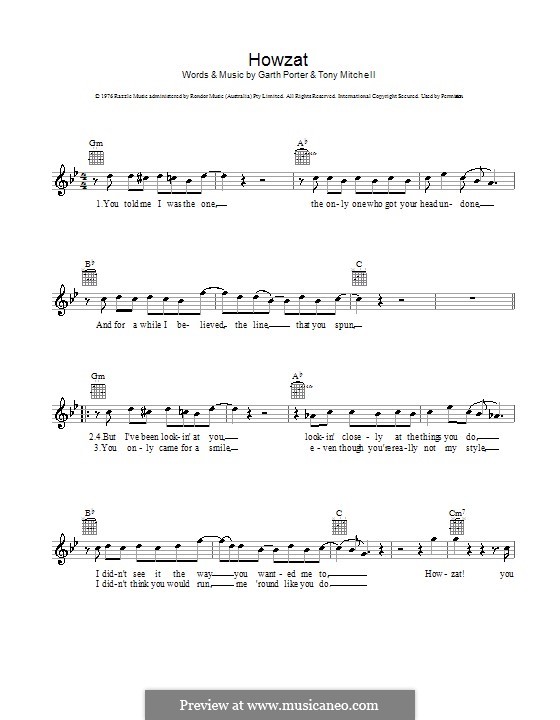 Howzat (Sherbet): Мелодия, текст и аккорды by Garth Porter, Tony Mitchell