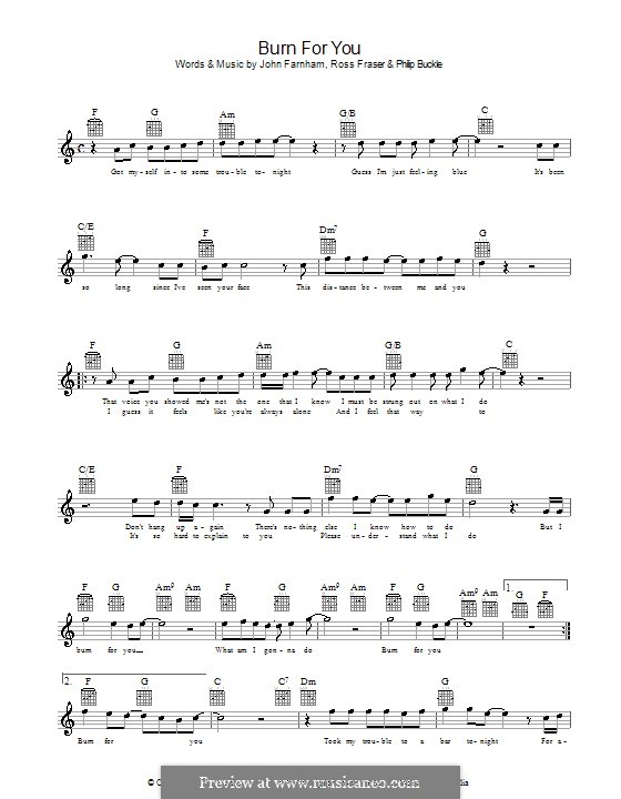 Burn for You (John Farnham): Мелодия, текст и аккорды by Philip Buckle, Ross Fraser