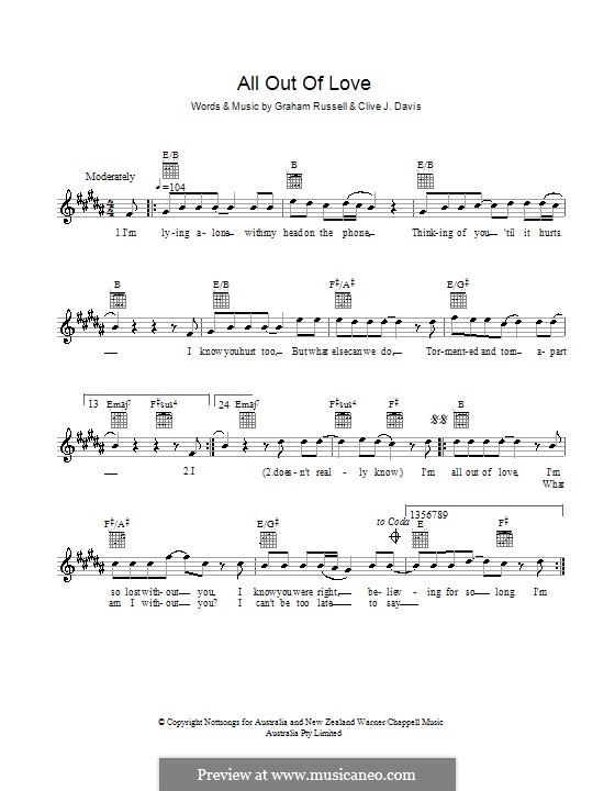 All Out of Love: Мелодия, текст и аккорды by Clive Davis, Graham Russell