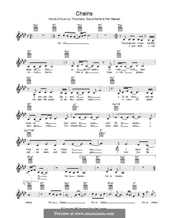 Chains (Tina Arena): Мелодия, текст и аккорды by Pamela Reswick, Steve Werfel
