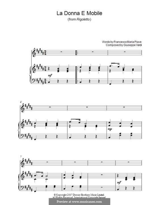 La donna è mobile (Over the Summer Sea) printable scores: Для голоса и фортепиано (или гитары) by Джузеппе Верди