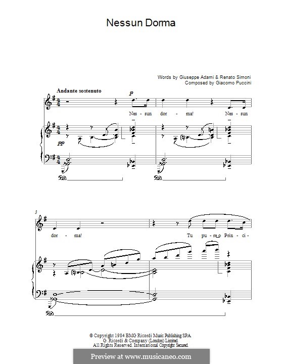 Turandot: Nessun dorma, for voice and piano by Джакомо Пуччини
