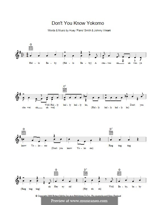 Don't You Know Yokomo: Мелодия, текст и аккорды by Huey 'Piano' Smith, Johnny Vincent