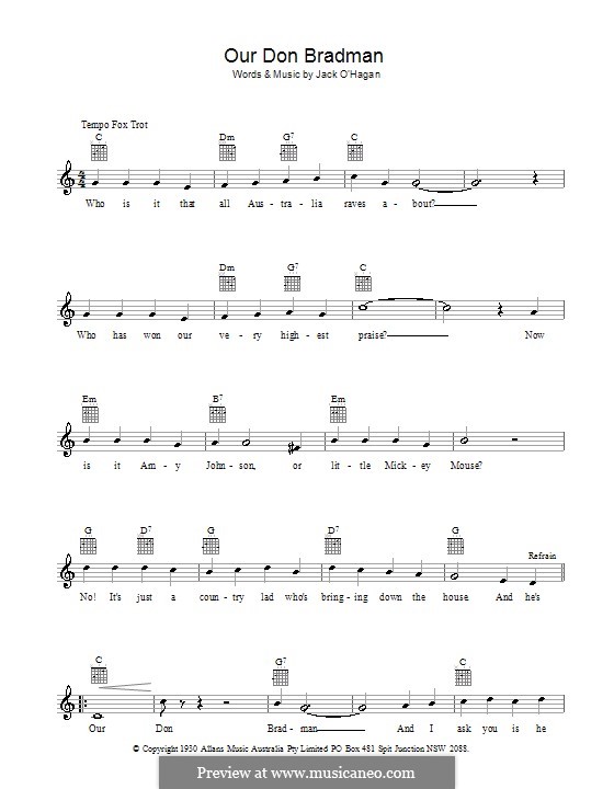 Our Don Bradman: Мелодия, текст и аккорды by Jack O'Hagan
