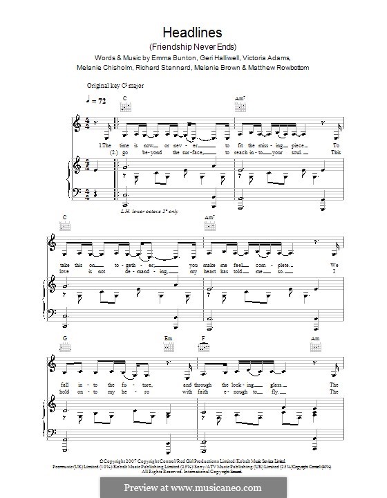 Headlines (Friendship Never Ends): Для голоса и фортепиано или гитары (The Spice Girls) by Emma Bunton, Geri Halliwell, Matt Rowe, Melanie Brown, Melanie C, Richard Stannard, Victoria Adams