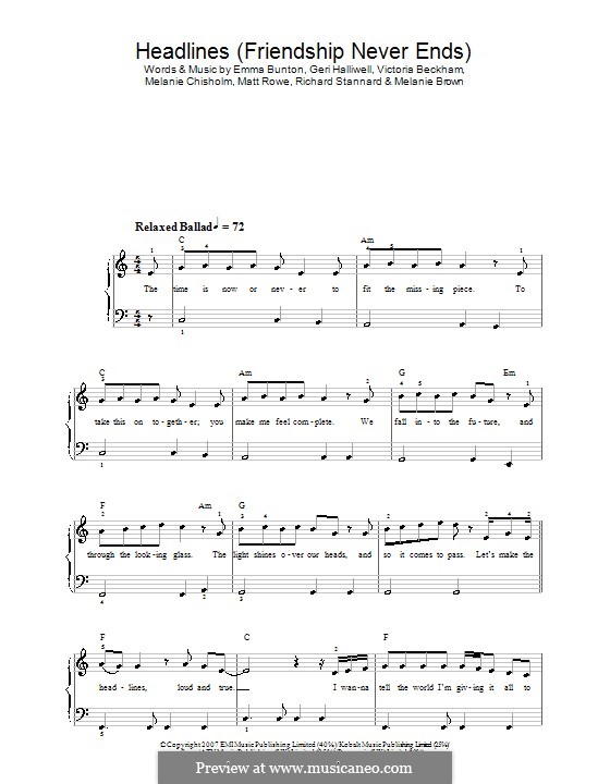 Headlines (Friendship Never Ends): Для фортепиано (легкий уровень) (The Spice Girls) by Emma Bunton, Geri Halliwell, Matt Rowe, Melanie Brown, Melanie C, Richard Stannard, Victoria Adams