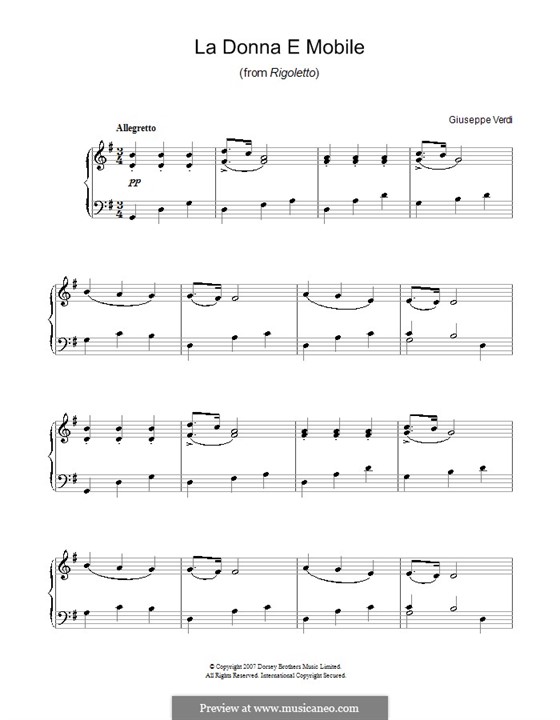 La donna è mobile (Over the Summer Sea) printable scores: Для фортепиано (легкий уровень) by Джузеппе Верди