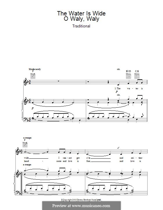 The Water is Wide (O Waly, Waly), Printable scores: Для голоса и фортепиано или гитары (фа мажор) by folklore