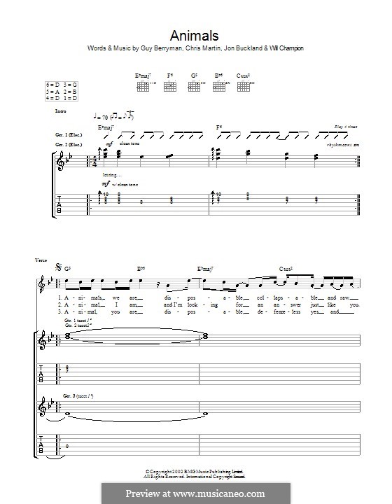 Animals (Coldplay): Гитарная табулатура by Chris Martin, Guy Berryman, Jonny Buckland, Will Champion