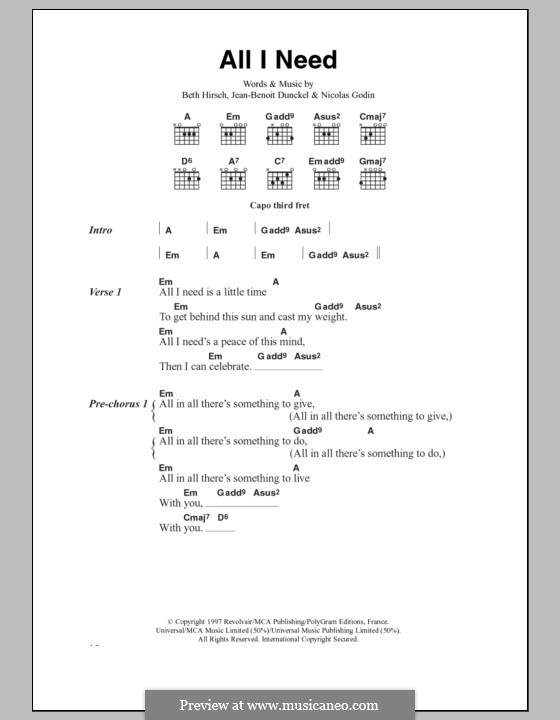 All I Need (Air): Текст, аккорды by Beth Hirsch, Jean-Benoit Dunckel, Nicolas Godin