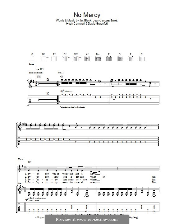 No Mercy (The Stranglers): Гитарная табулатура by David Greenfield, Hugh Cornwell, Jean-Jacques Burnel, Jet Black