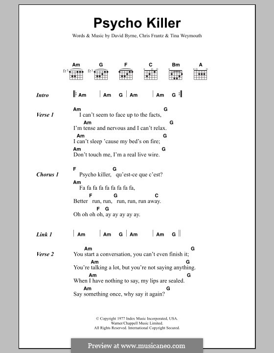 Psycho Killer (Talking Heads): Текст, аккорды by Christopher Frantz, David Byrne, Tina Weymouth
