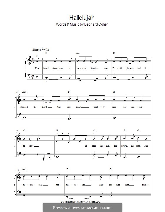 Piano version: With chords and lyrics by Leonard Cohen