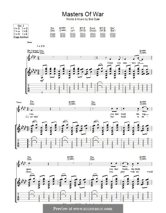 Masters of War: Гитарная табулатура by Bob Dylan