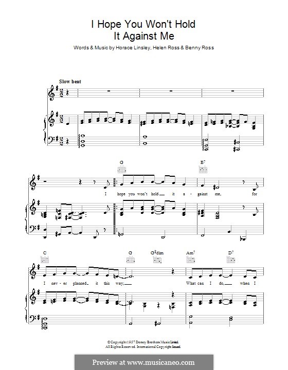 I Hope You Won't Hold It Against Me (Benny Ross): Для голоса и фортепиано (или гитары) by Helen Ross, Horace Linsley