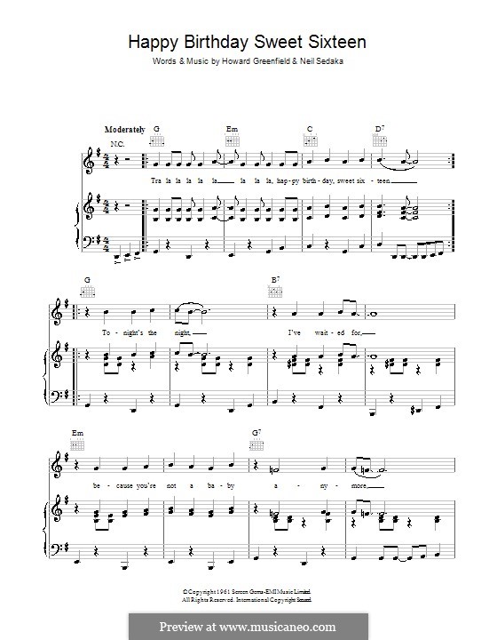 Happy Birthday Sweet Sixteen: Для голоса и фортепиано (или гитары) by Howard Greenfield