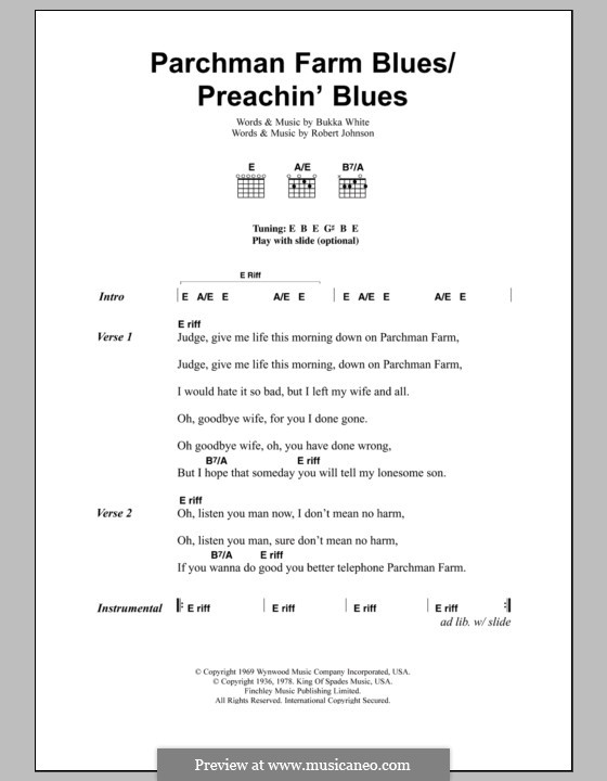 Parchman Farm Blues / Preachin' Blues: Текст и аккорды by Bukka White, Robert Leroy Johnson