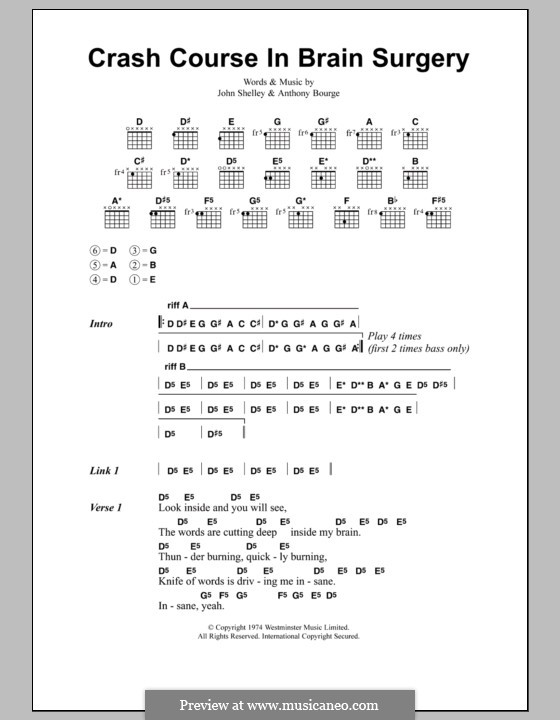 Crash Course in Brain Surgery (Metallica): Текст, аккорды by Anthony Bourge, John Shelley