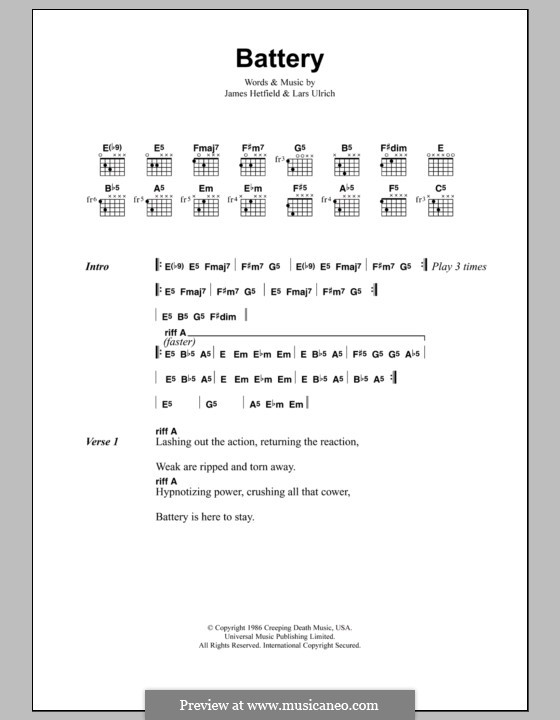 Battery (Metallica): Текст, аккорды by James Hetfield, Lars Ulrich