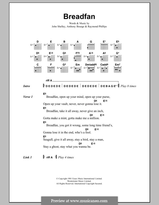 Breadfan (Metallica): Текст, аккорды by Anthony Bourge, John Shelley, Raymond Phillips