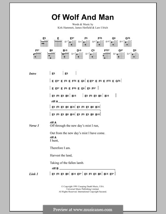 Of Wolf and Man (Metallica): Текст, аккорды by James Hetfield, Kirk Hammett, Lars Ulrich