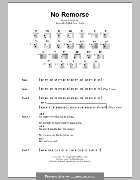 No Remorse (Metallica): Текст, аккорды by James Hetfield, Lars Ulrich