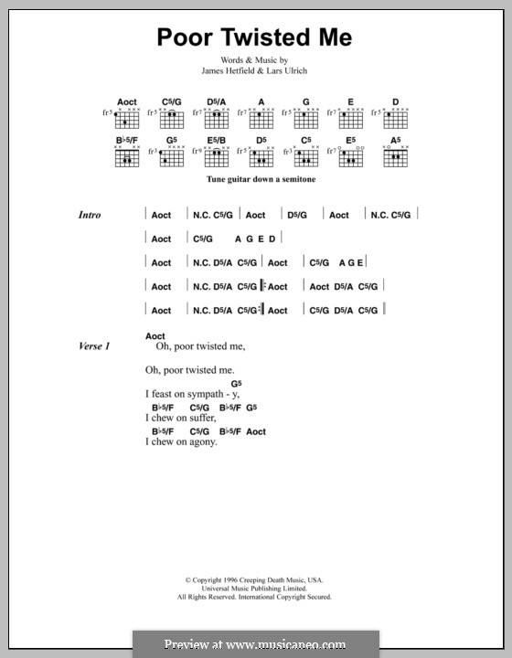 Poor Twisted Me (Metallica): Текст, аккорды by James Hetfield, Lars Ulrich
