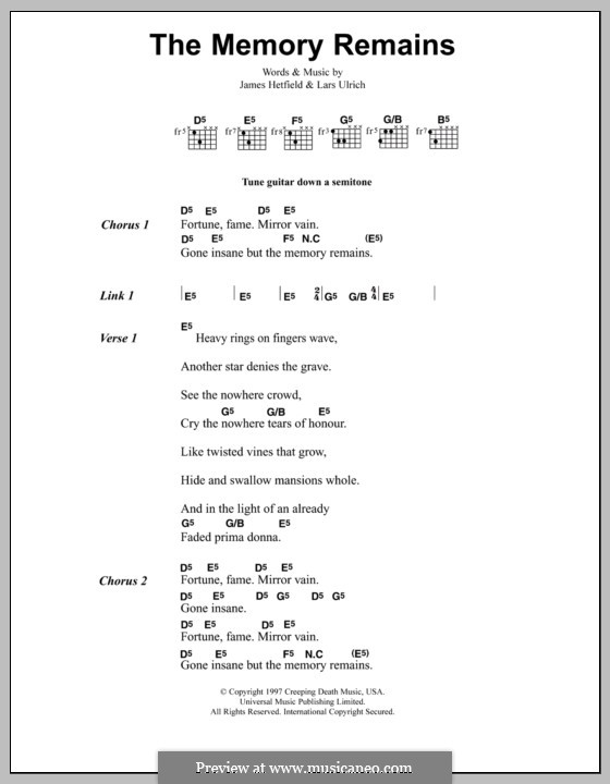 The Memory Remains (Metallica): Текст, аккорды by James Hetfield, Lars Ulrich