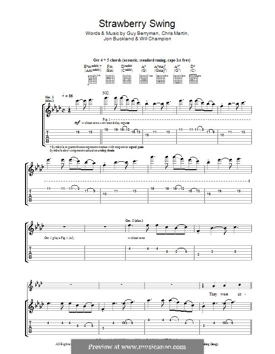 Strawberry Swing (Coldplay): Гитарная табулатура by Chris Martin, Guy Berryman, Jonny Buckland, Will Champion