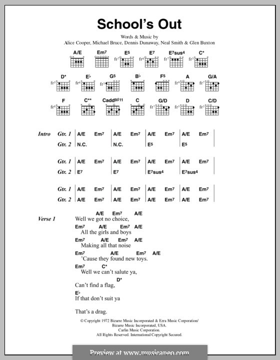 School's Out: Текст, аккорды by Alice Cooper, Dennis Dunaway, Glen Buxton, Michael Bruce, Neal Smith