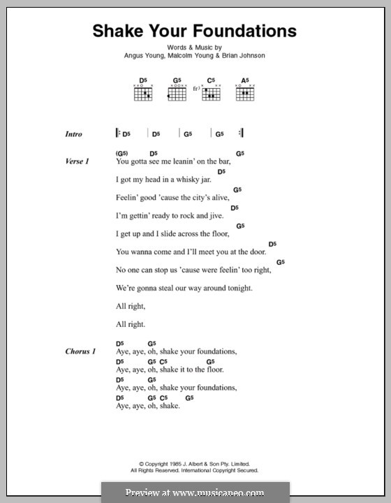 Shake Your Foundations (AC/DC): Текст, аккорды by Angus Young, Brian Johnson, Malcolm Young