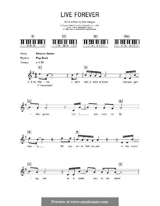 Live Forever (Oasis): Для клавишного инструмента by Noel Gallagher