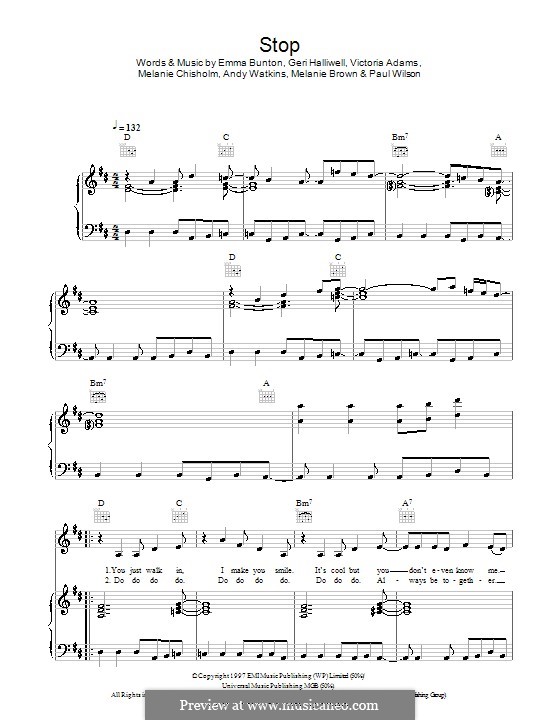 Stop (The Spice Girls): Для голоса и фортепиано (или гитары) by Andy Watkins, Emma Bunton, Geri Halliwell, Melanie Brown, Melanie C, Paul Wilson, Victoria Adams