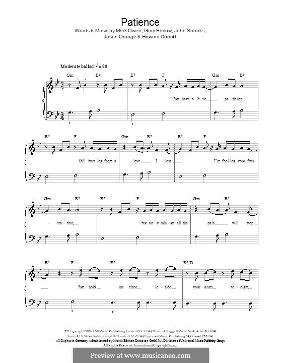Patience (Take That): Для фортепиано (легкий уровень) by Gary Barlow, Howard Donald, Jason Orange, John M Shanks, Mark Owen