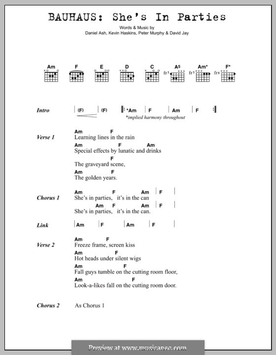 She's in Parties (Bauhaus): Текст, аккорды by Daniel Ash, David Jay, Kevin Haskins, Peter Murphy