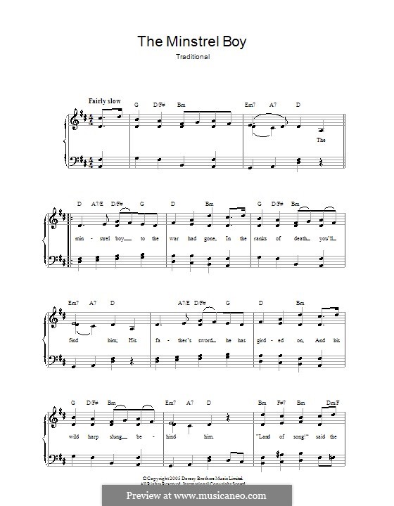 The Minstrel Boy (printable score): Для голоса и фортепиано by folklore