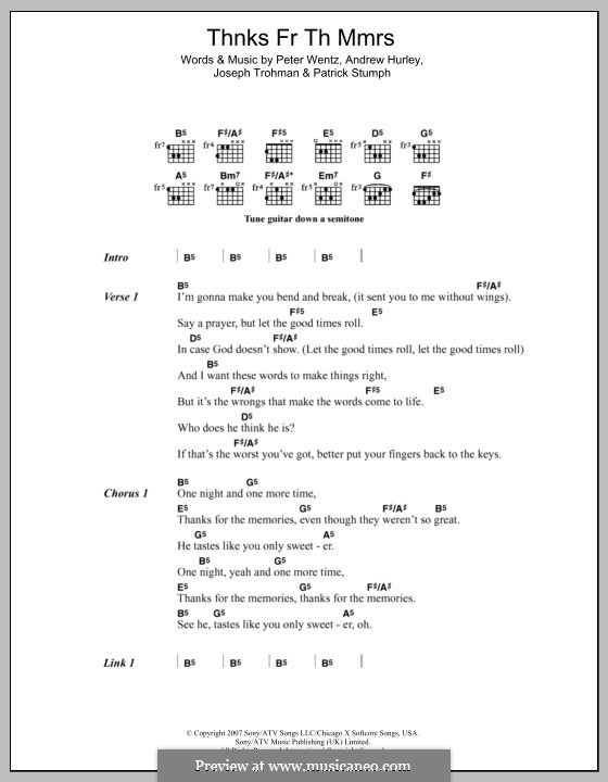 Thnks Fr Th Mmrs (Fall Out Boy): Текст, аккорды by Andrew Hurley, Joseph Trohman, Patrick Stump, Peter Wentz