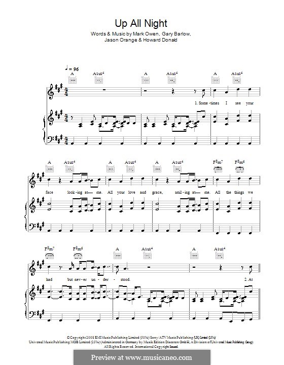 Up All Night (Take That): Для голоса и фортепиано (или гитары) by Ben Mark, Gary Barlow, Howard Donald, Jamie Norton, Jason Orange, Mark Owen