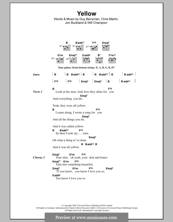 Yellow (Coldplay): Текст, аккорды by Chris Martin, Guy Berryman, Jonny Buckland, Will Champion