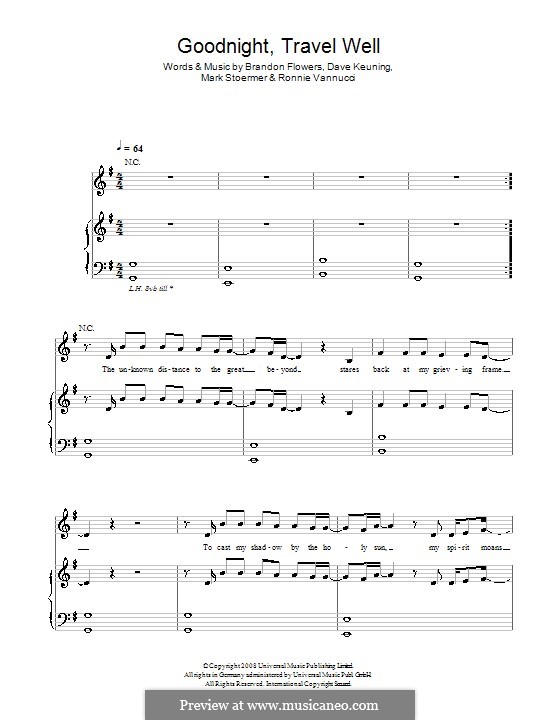 Goodnight Travel Well (The Killers): Для голоса и фортепиано или гитары by Brandon Flowers, Dave Keuning, Mark Stoermer, Ronnie Vannucci