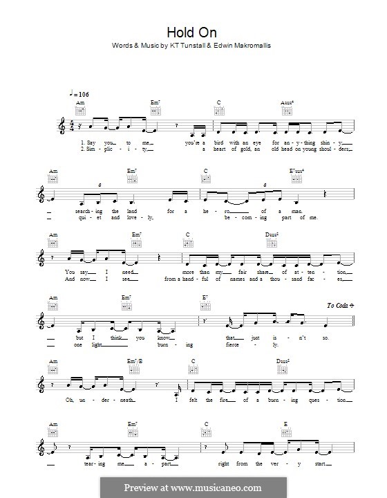 Hold On (KT Tunstall): Мелодия, текст и аккорды by Edwin Makromallis