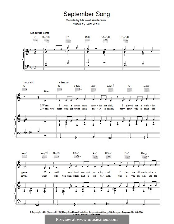 September Song (from Knickerbocker Holiday): Для голоса и фортепиано (или гитары) by Kurt Weill
