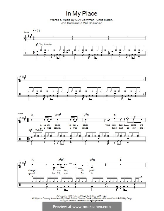 In My Place (Coldplay): Для ударных by Chris Martin, Guy Berryman, Jonny Buckland, Will Champion