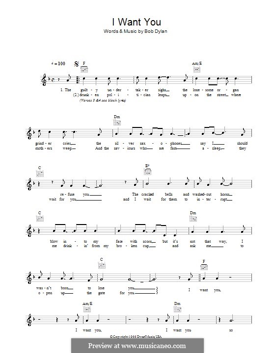 I Want You: Мелодия, текст и аккорды by Bob Dylan