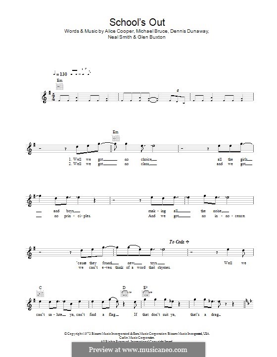 School's Out: Мелодия, текст и аккорды by Alice Cooper, Dennis Dunaway, Glen Buxton, Michael Bruce, Neal Smith