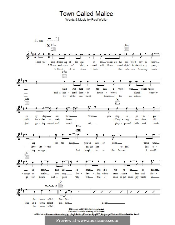 Town Called Malice (The Jam): Мелодия, текст и аккорды by Paul Weller