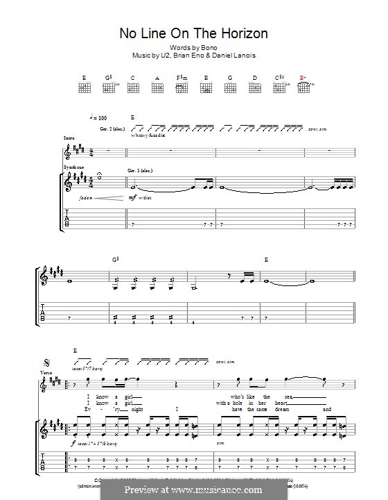 No Line on the Horizon (U2): Гитарная табулатура by Brian Eno, Daniel Lanois