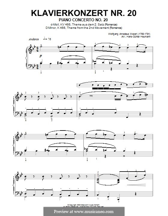 Концерт для фортепиано с оркестром No.20 ре минор, K.466: Часть II (Тема). Версия для фортепиано by Вольфганг Амадей Моцарт