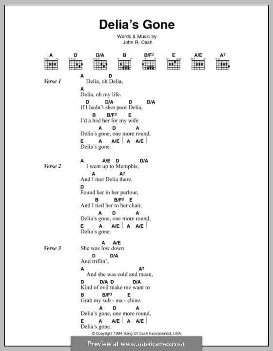 Delia's Gone: Текст, аккорды by Johnny Cash