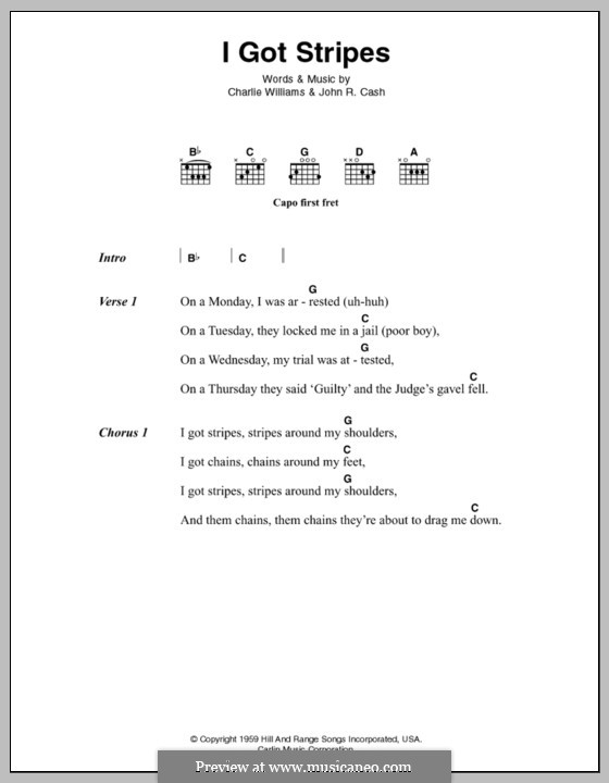 I Got Stripes: Текст, аккорды by Charles Lee Williams, Alan Lomax, John A. Lomax, Johnny Cash